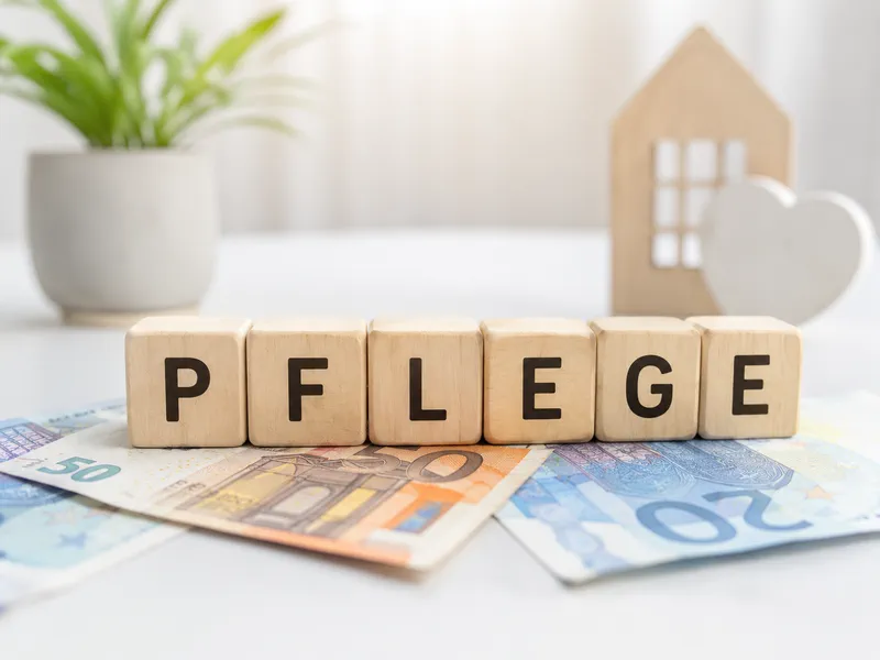 Holzbuchstaben "PFLEGE" auf Euro Scheinen. Experte für Pflegegeldbegleitung